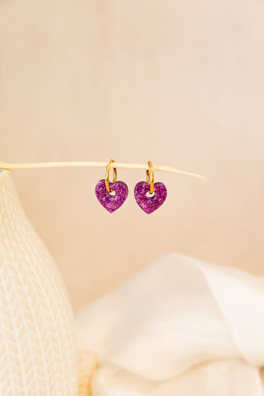 Purple Sparkle Heart Resin Hoop Earrings - Handmade Hypoallergenic Jewellery