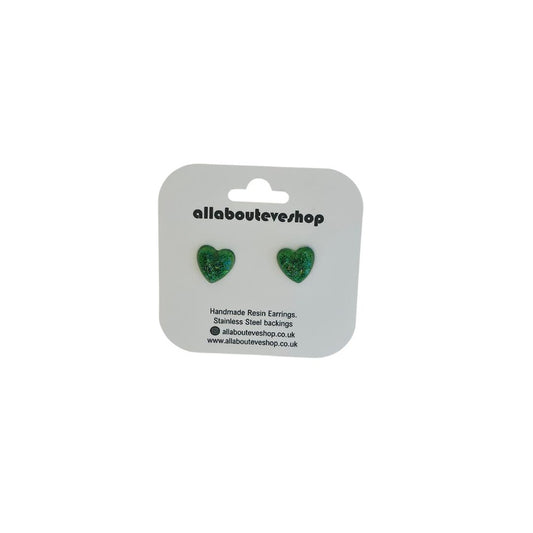 Green heart stud earrings with stainless steel backing