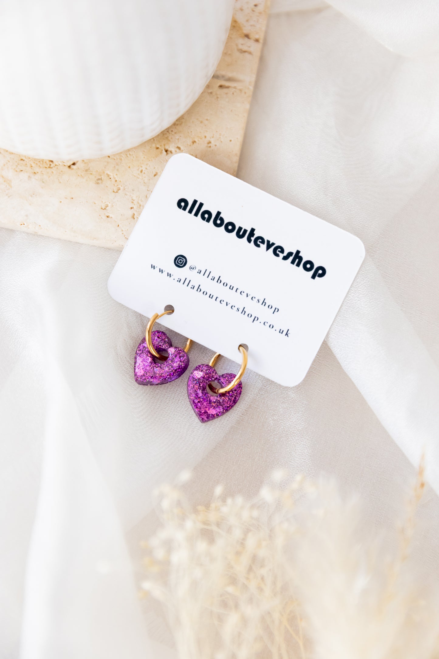Purple Sparkle Heart Resin Hoop Earrings - Handmade Hypoallergenic Jewellery