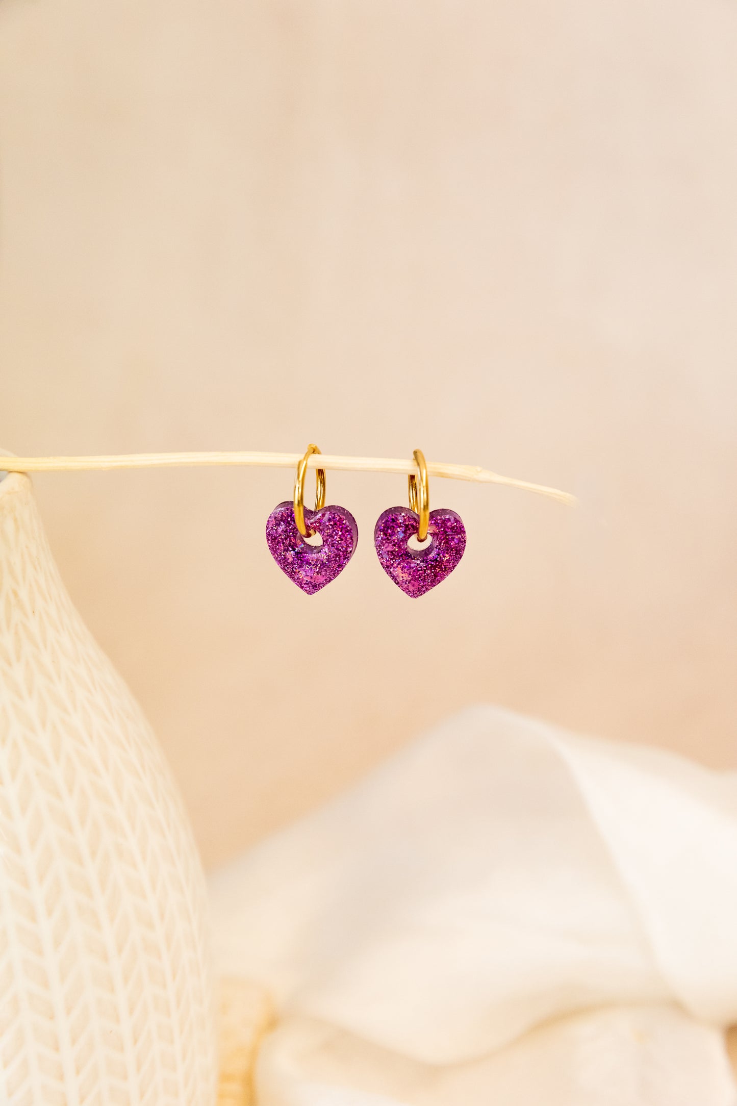 Purple Sparkle Heart Resin Hoop Earrings - Handmade Hypoallergenic Jewellery