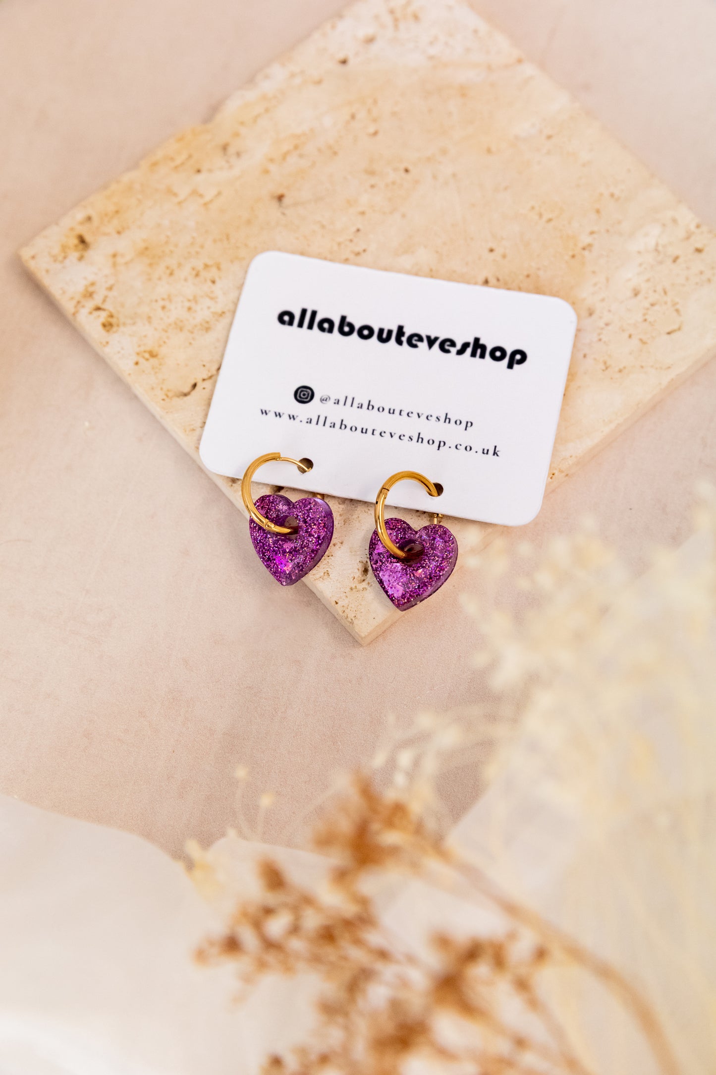 Purple Sparkle Heart Resin Hoop Earrings - Handmade Hypoallergenic Jewellery