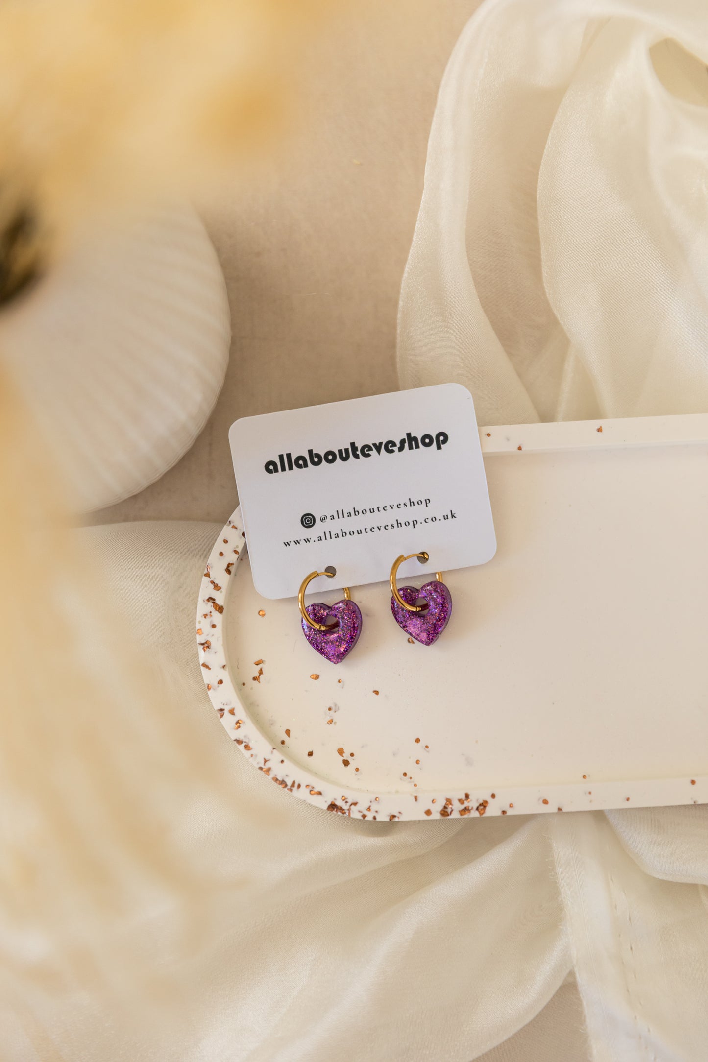 Purple Sparkle Heart Resin Hoop Earrings - Handmade Hypoallergenic Jewellery