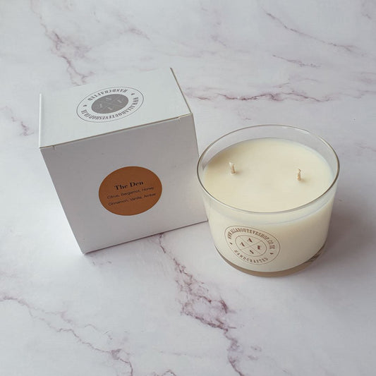 The Den soy wax glass candle 160g open